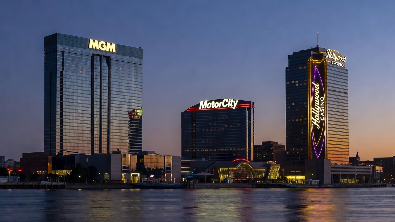 Close-up view of slot machines and casino patrons at a Detroit gaming floor
